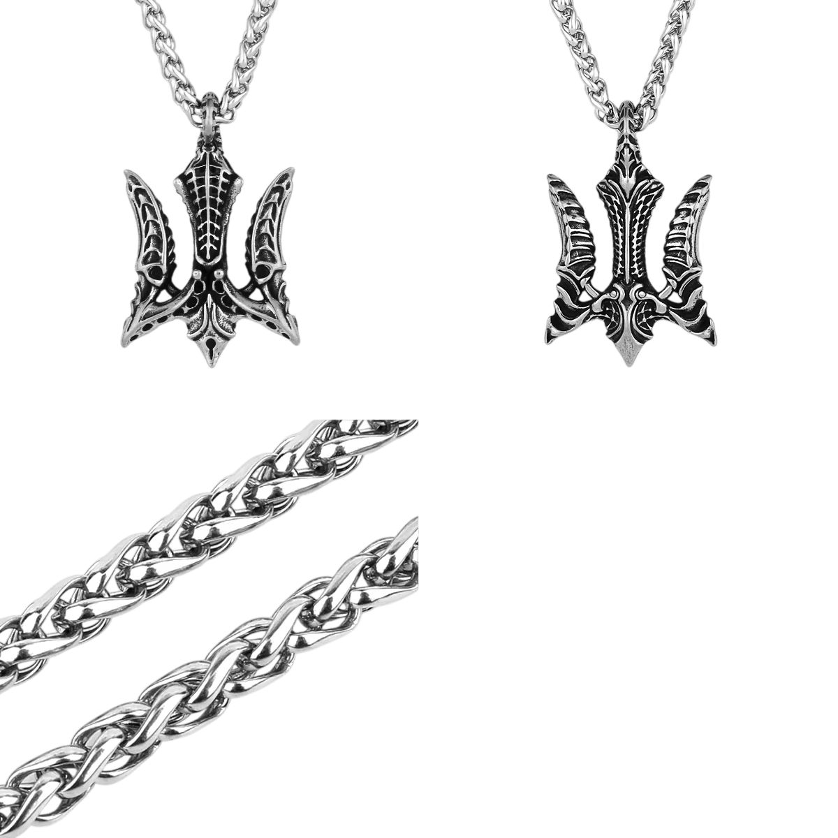 Pendentif trident en acier inoxydable, trois branches recourbées et hampe nervurée, sur fond blanc
