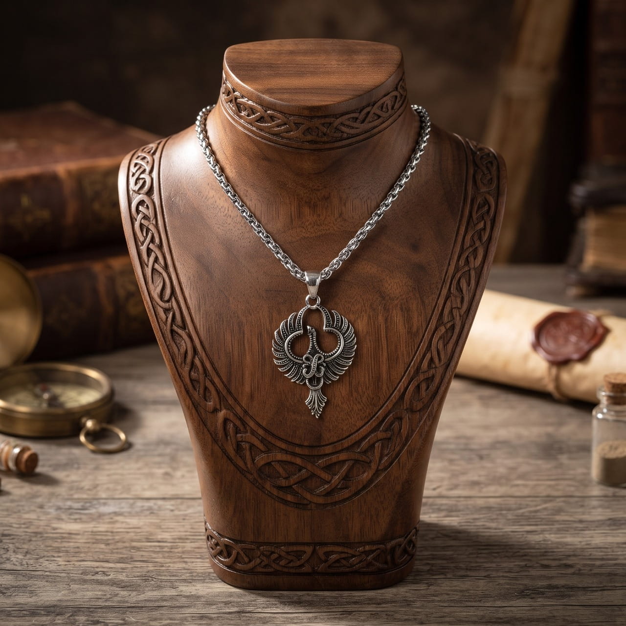 Collier pendentif phénix aux ailes déployées en acier ciselé, sur buste en bois