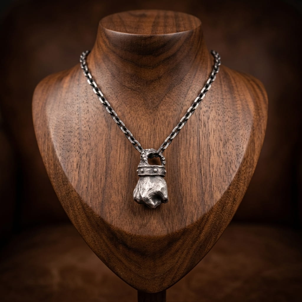 Collier poing fermé en acier vieilli présenté sur un buste en bois de noyer