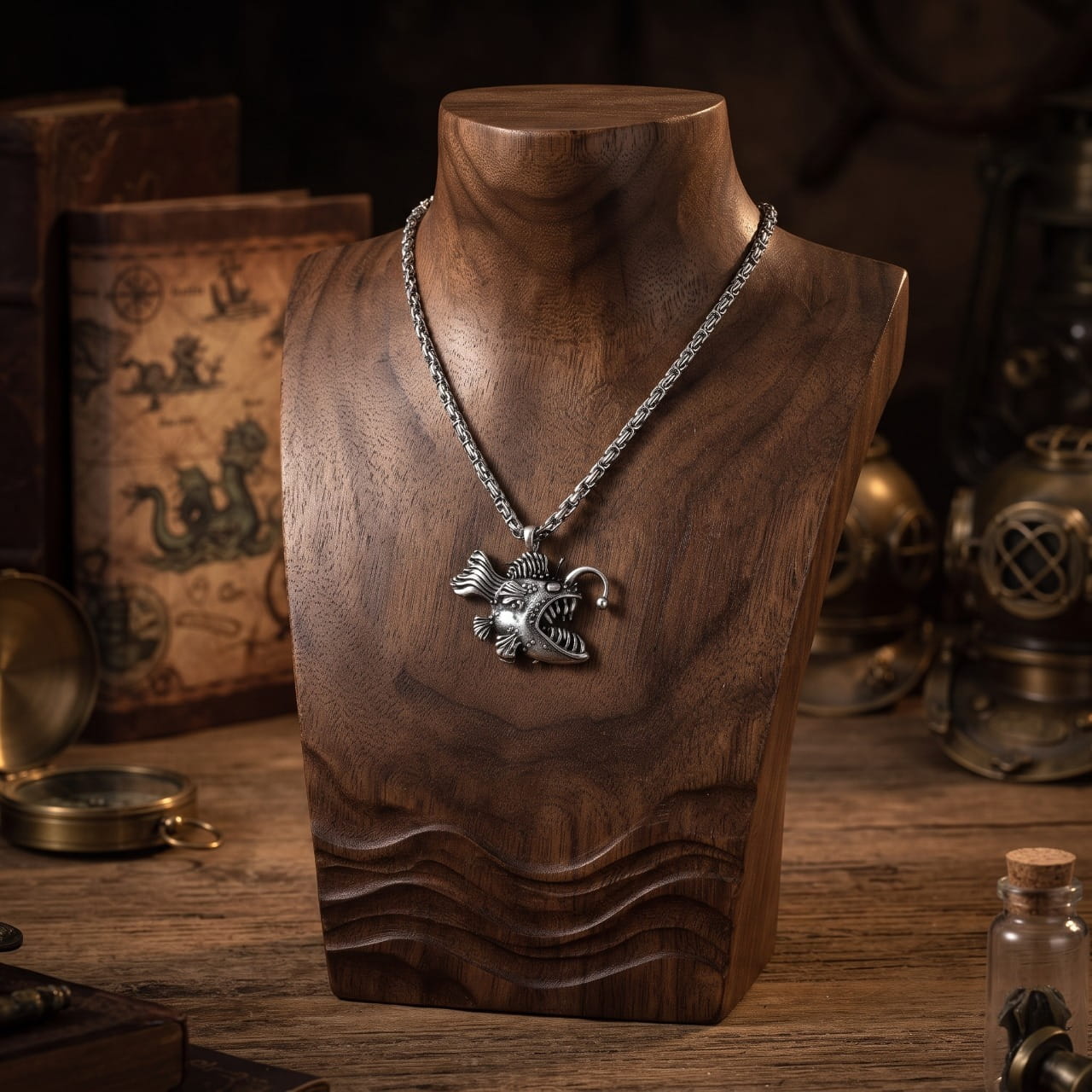 Collier pendentif en acier représentant une baudroie des abysses, gueule ouverte et lanterne dressée, sur buste en bois