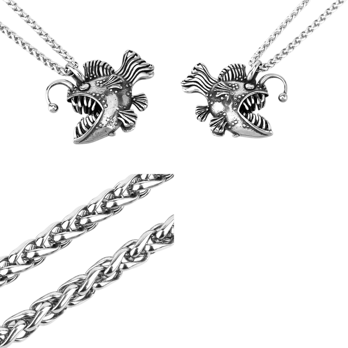 Pendentif poisson des abysses en acier inoxydable, dents et nageoires ciselées, vu de face et de dos, sur fond blanc