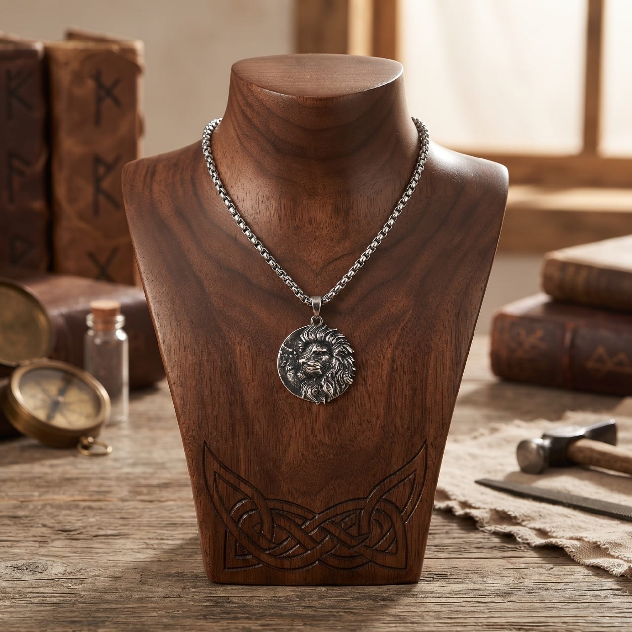 Collier médaillon en acier à tête de lion de profil, crinière ciselée, sur buste en bois