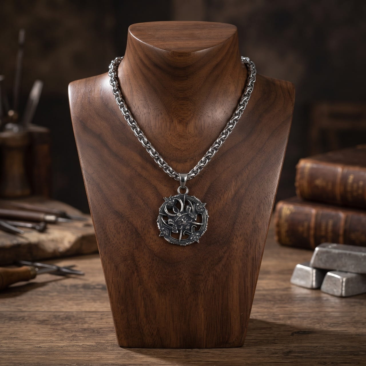 Collier amulette ronde en acier ciselée d'entrelacs animaliers, sur chaîne à maillons, présentée sur un buste en bois, lingots et livres anciens en fond