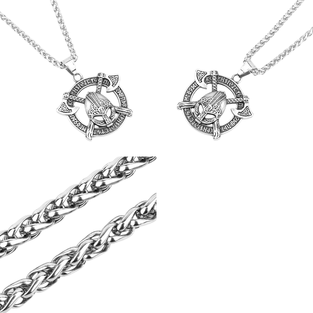 Pendentif viking en acier : casque et haches croisées cerclés de runes, vu de face et de dos, avec sa chaîne tressée, sur fond blanc