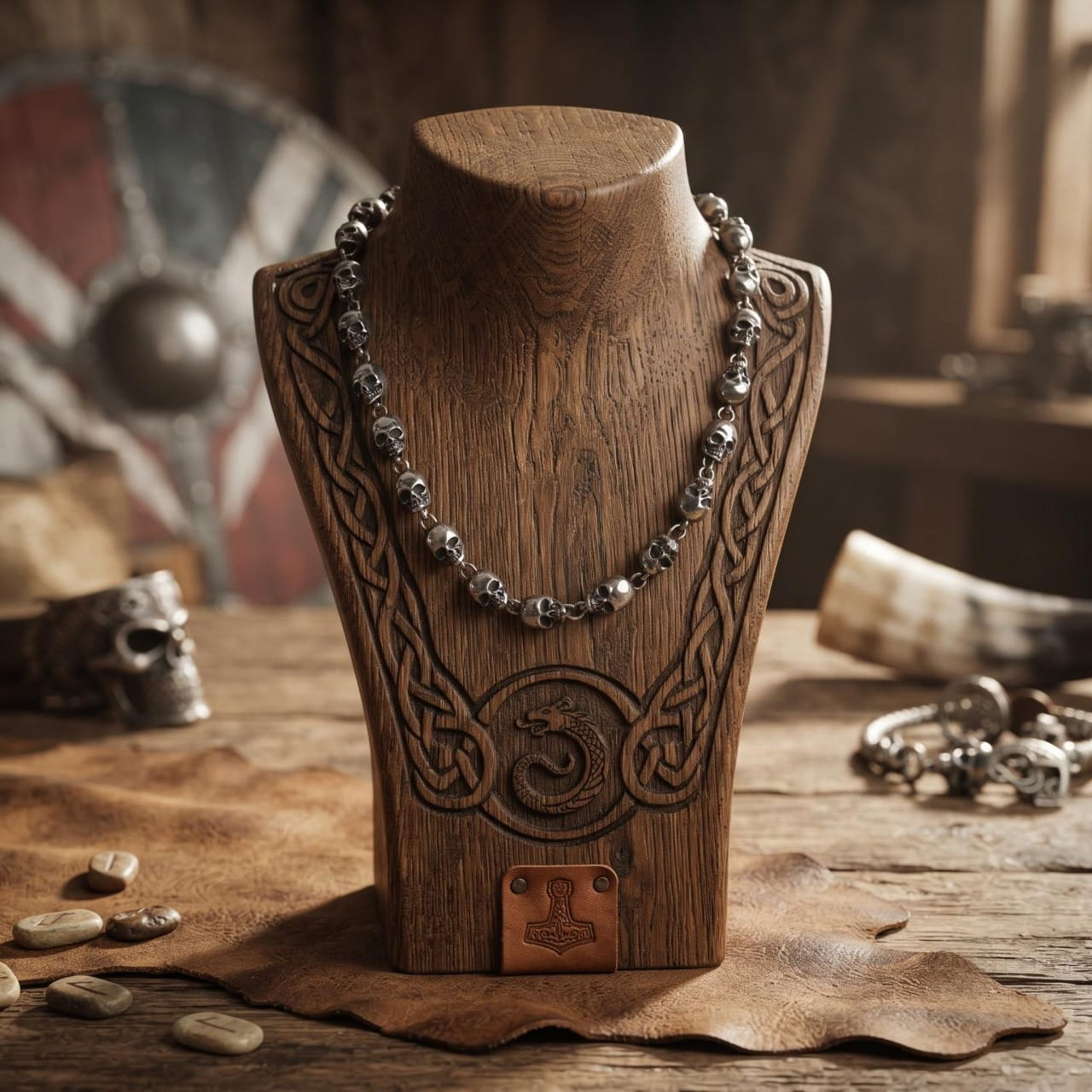 Collier viking en chaîne d'acier ponctuée de crânes, présenté sur un buste de bois sculpté