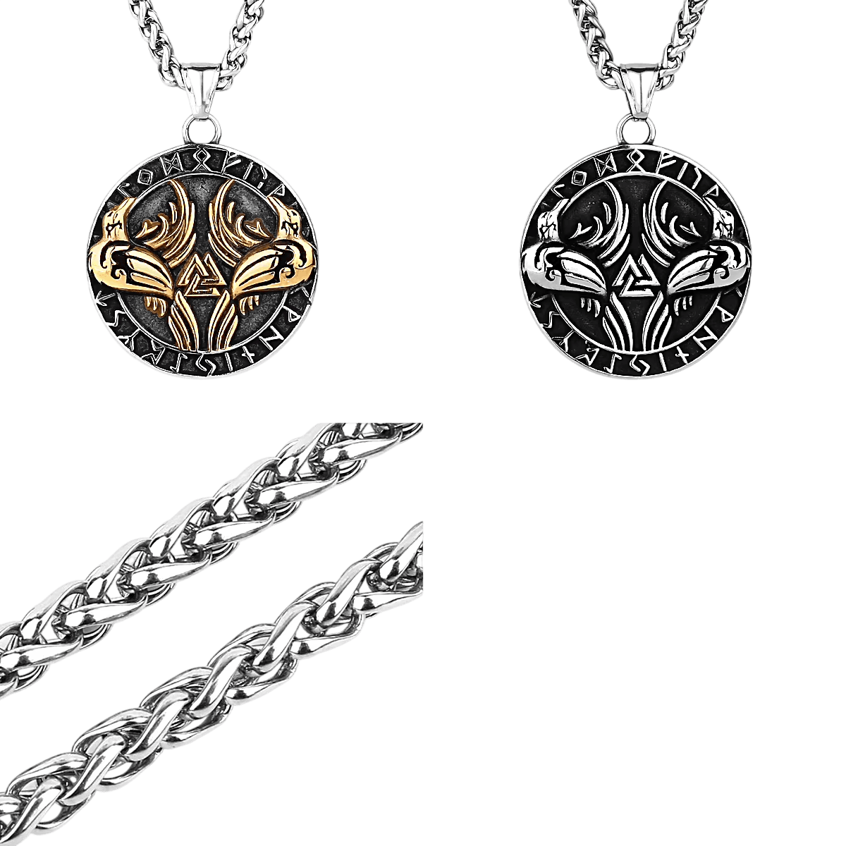 Médaillon corbeaux d'Odin et Valknut en version dorée et version argentée, avec le détail de la chaîne tressée, sur fond blanc