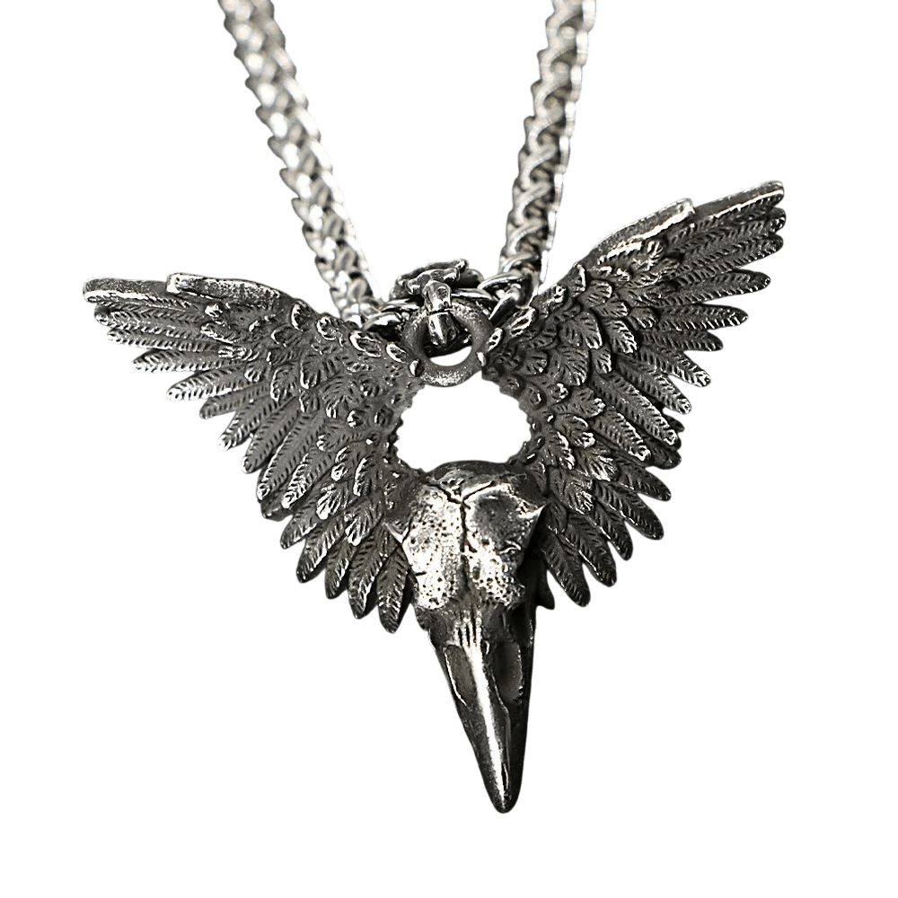Collier viking pour homme avec pendentif crâne de corbeau et grandes ailes déployées en acier inoxydable antique.