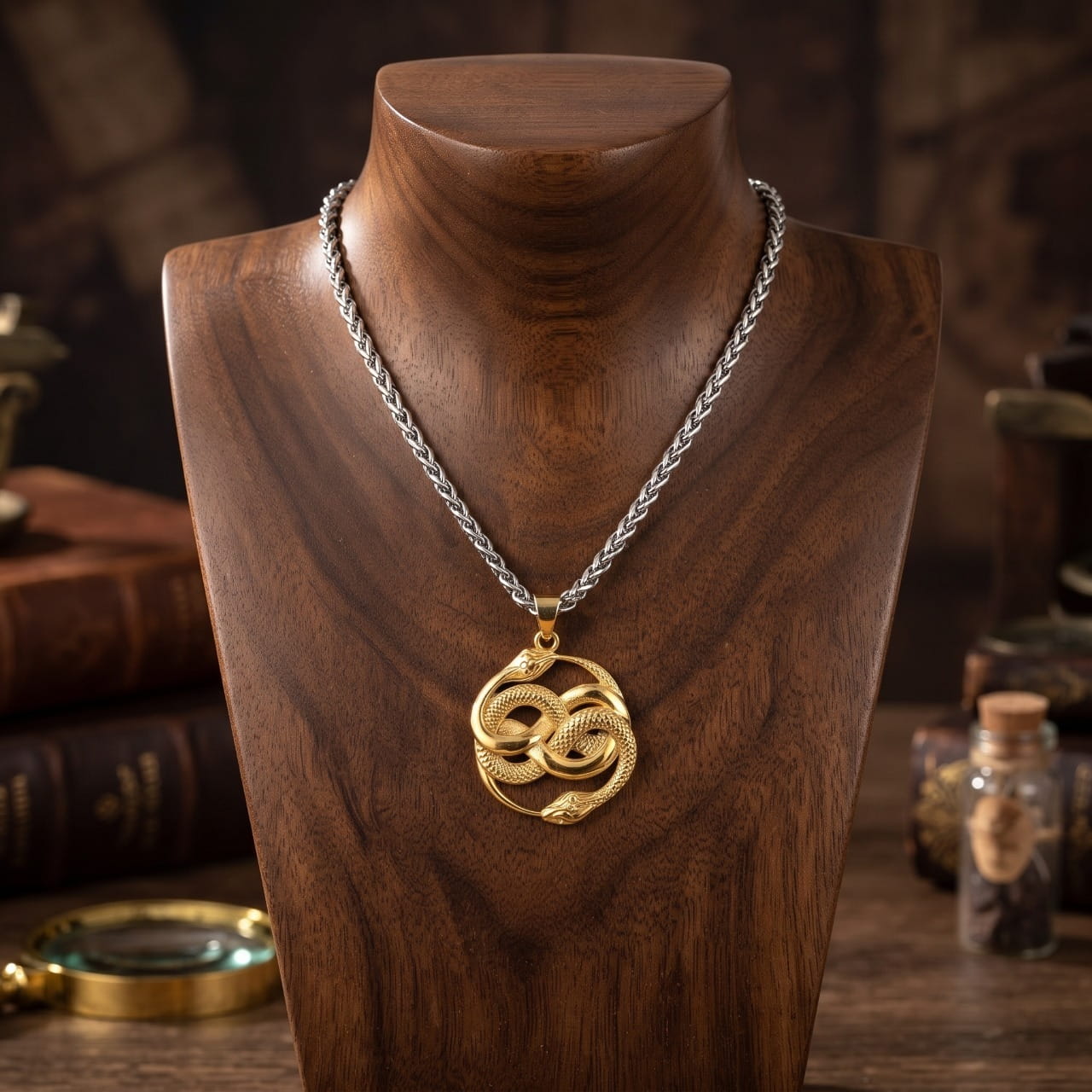 Collier pendentif doré à deux serpents entrelacés en huit, écailles ciselées, sur buste en bois