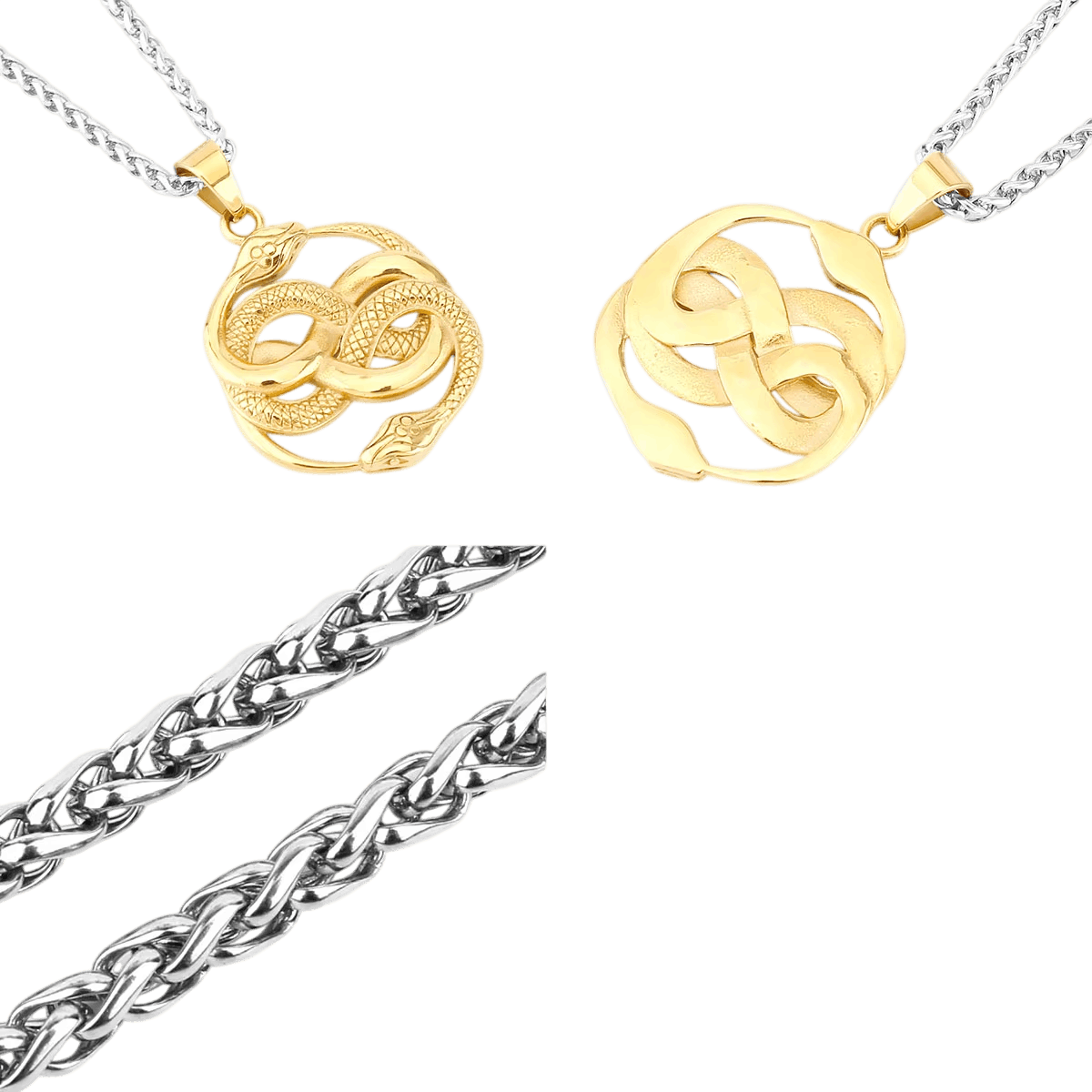 Pendentif doré en acier, deux serpents enroulés l'un dans l'autre en forme de huit, vu de face et de dos, sur fond blanc