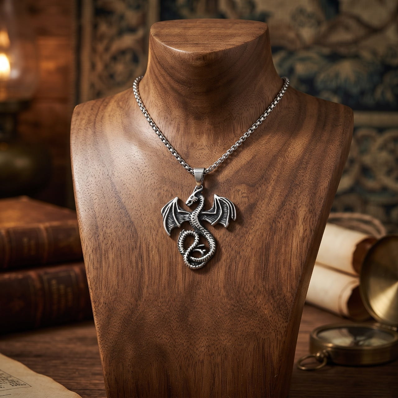 Collier pendentif dragon ailé en acier sur chaîne fine, présenté sur un buste en bois, lampe à huile et tapisserie en arrière-plan