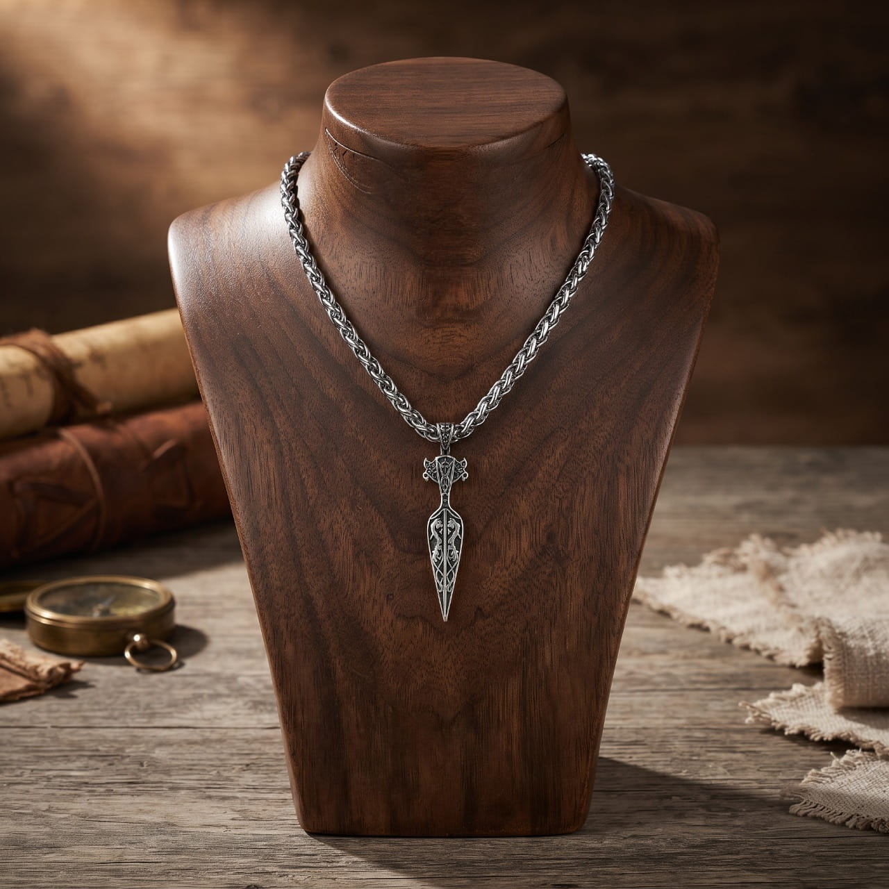 Collier pendentif fer de lance en acier à douille ornée de nœuds celtiques, sur buste en bois