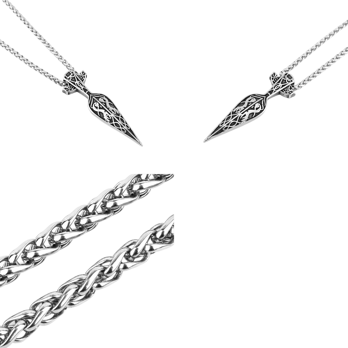 Pendentif fer de lance viking en acier inoxydable, nœuds celtiques gravés sur la douille, vu de face et de dos, sur fond blanc