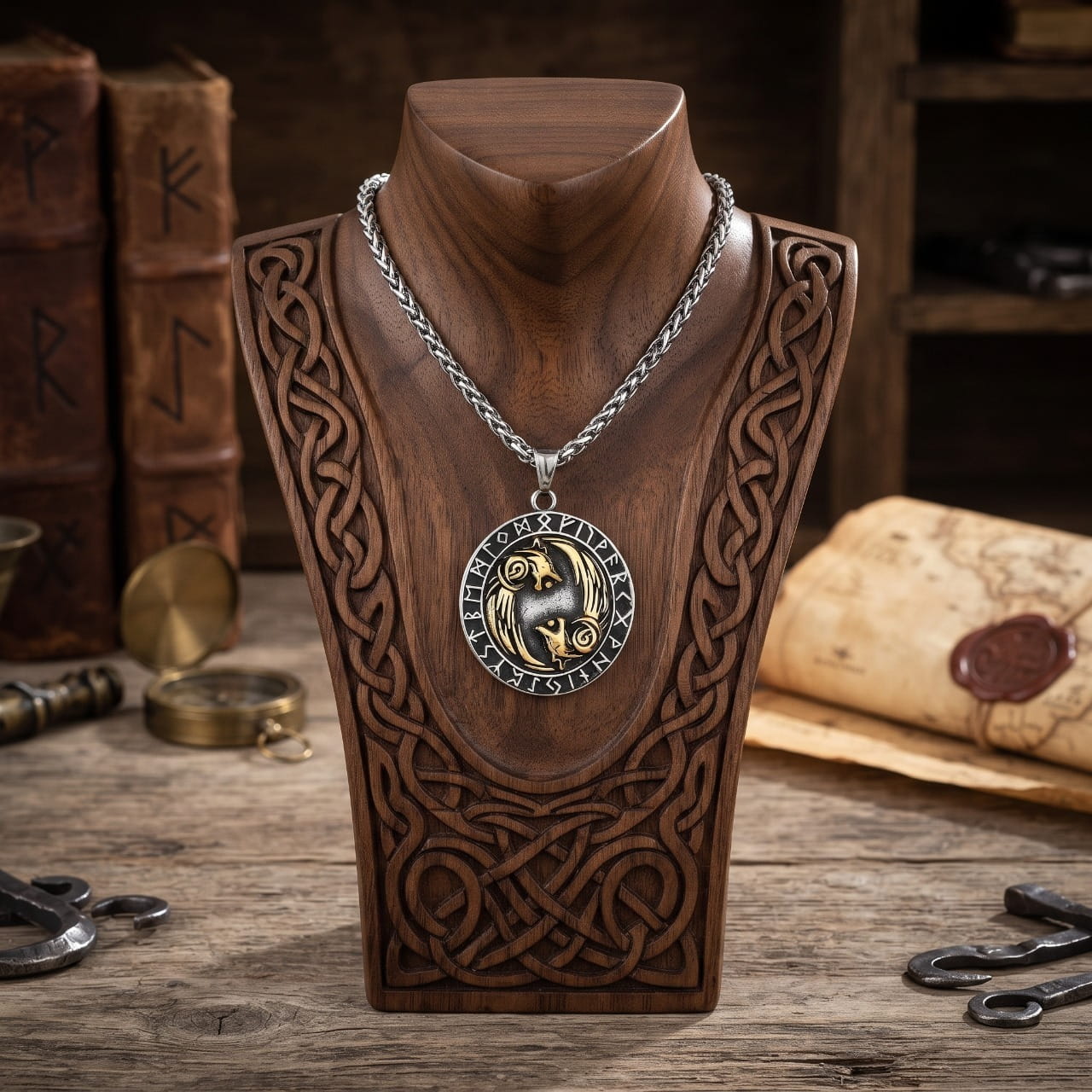 Collier médaillon viking aux deux loups d'Odin en relief doré, cerclés de runes, sur buste en bois