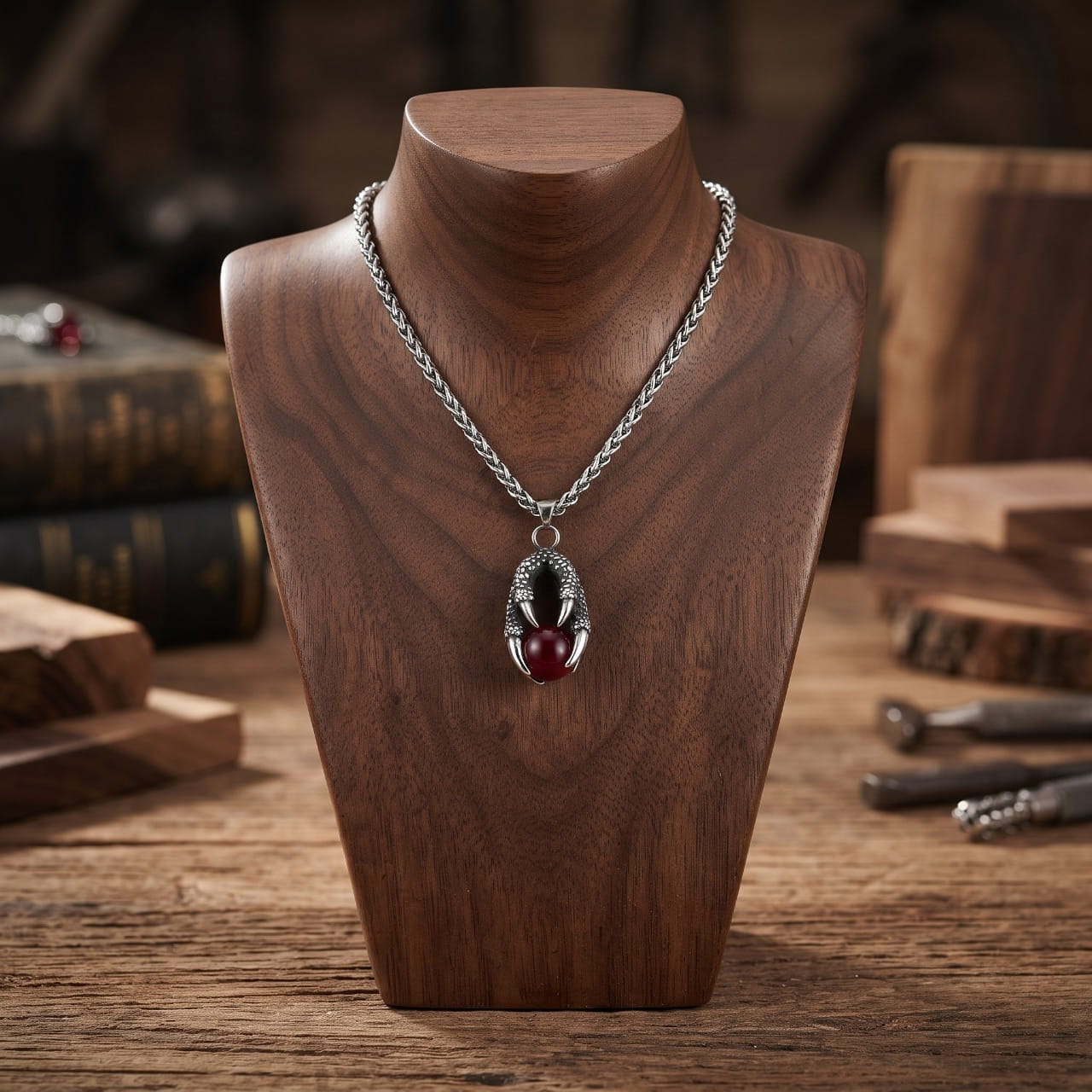 Collier pendentif griffe de dragon en acier enserrant une perle rouge, sur chaîne maille tressée, présenté sur un buste en bois, livres anciens en fond