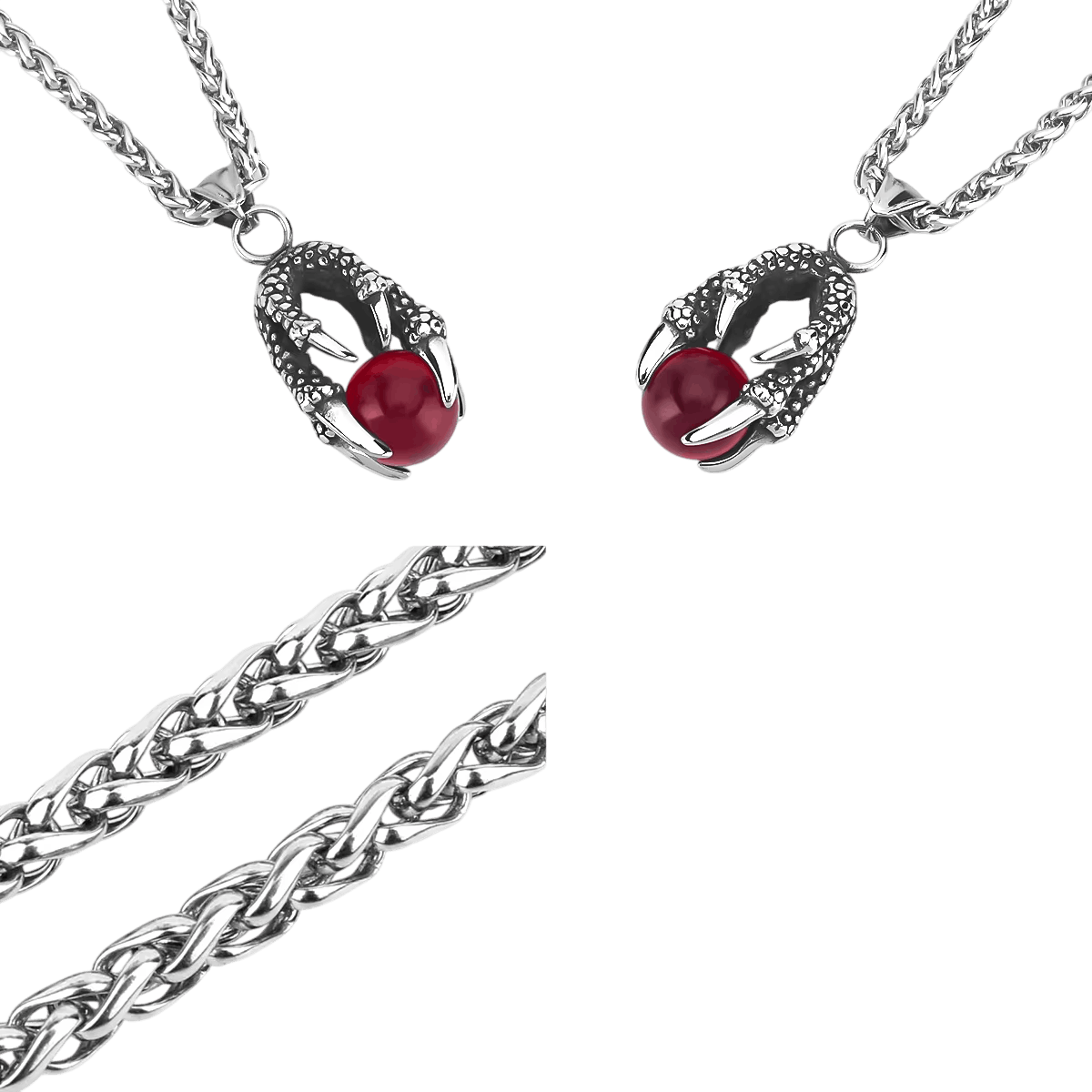 Pendentif griffe de dragon en acier inoxydable tenant une perle rouge, vu de face et de trois quarts, avec le détail de la chaîne tressée, sur fond blanc