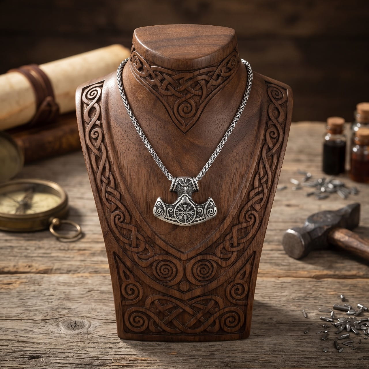 Collier pendentif hache en acier gravé de l'Ægishjálmur et de spirales, sur buste en bois sculpté d'entrelacs