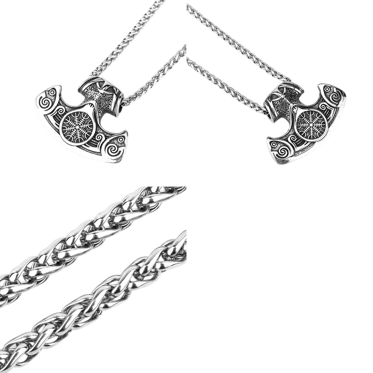 Pendentif hache viking en acier, Ægishjálmur à huit branches au centre de la lame, vu de face et de dos, sur fond blanc
