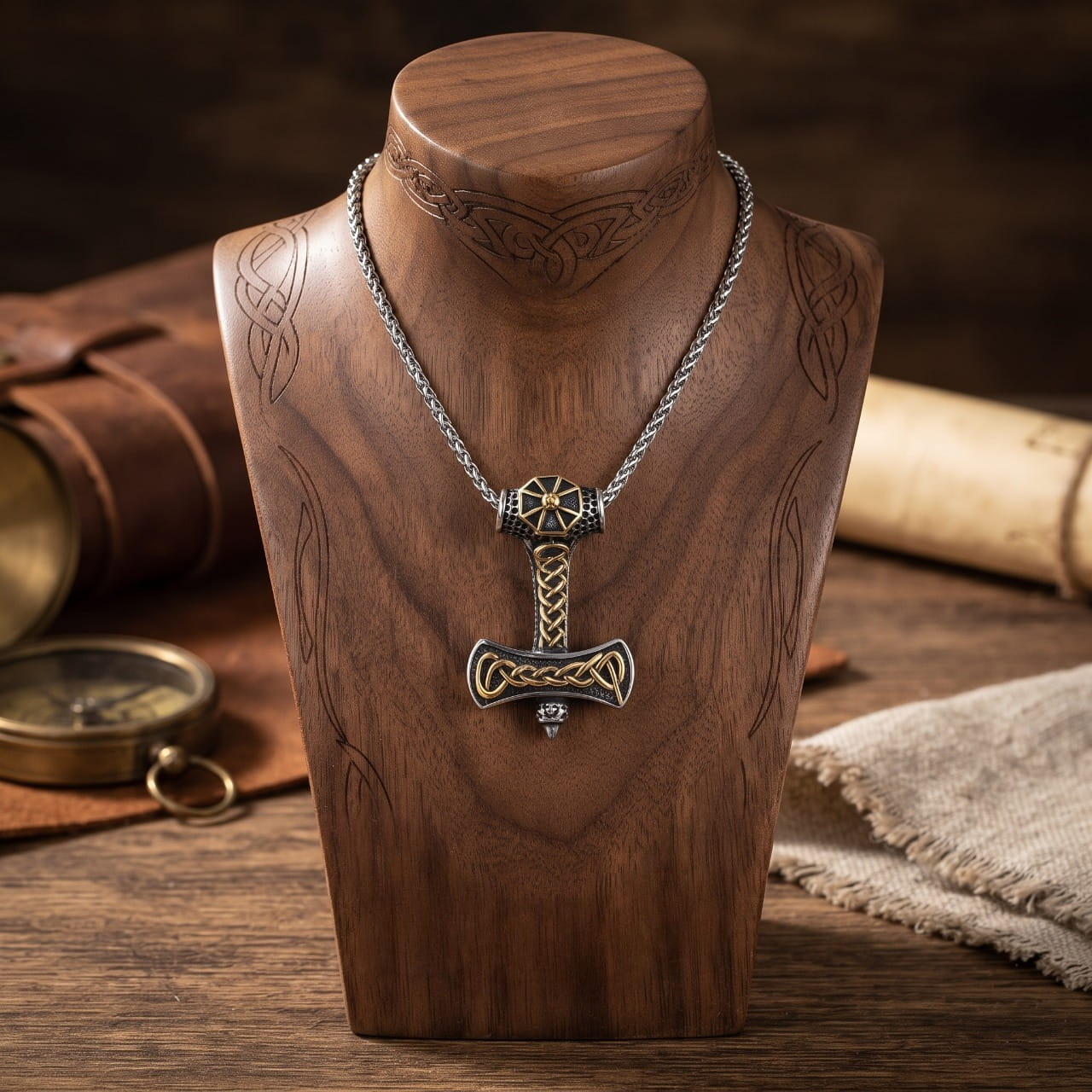 Collier pendentif hache en acier aux entrelacs dorés et roue solaire, sur chaîne tressée, présenté sur un buste en bois