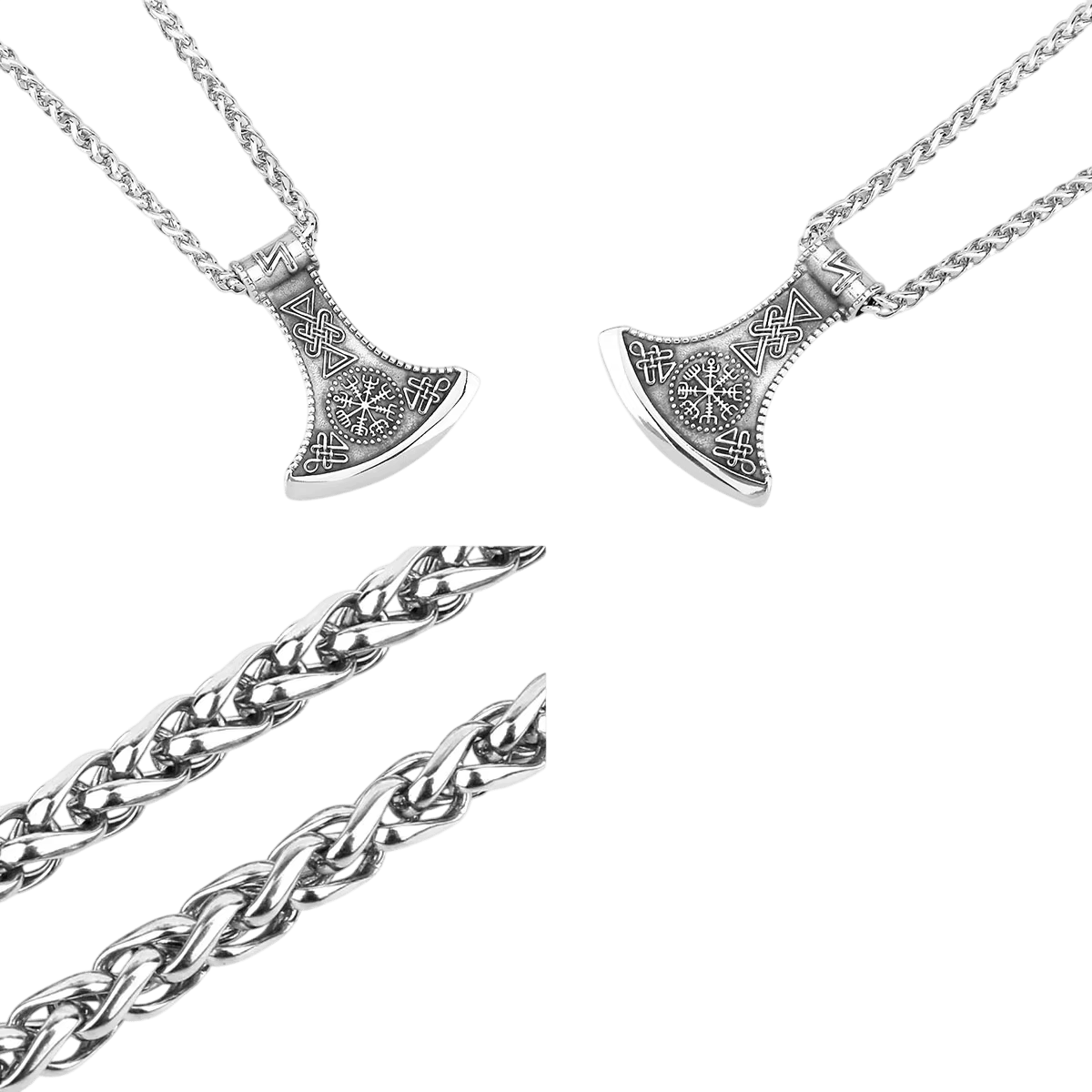 Pendentif hache viking en acier, Vegvísir central entouré de nœuds celtiques et de runes, vu de face et de dos, sur fond blanc