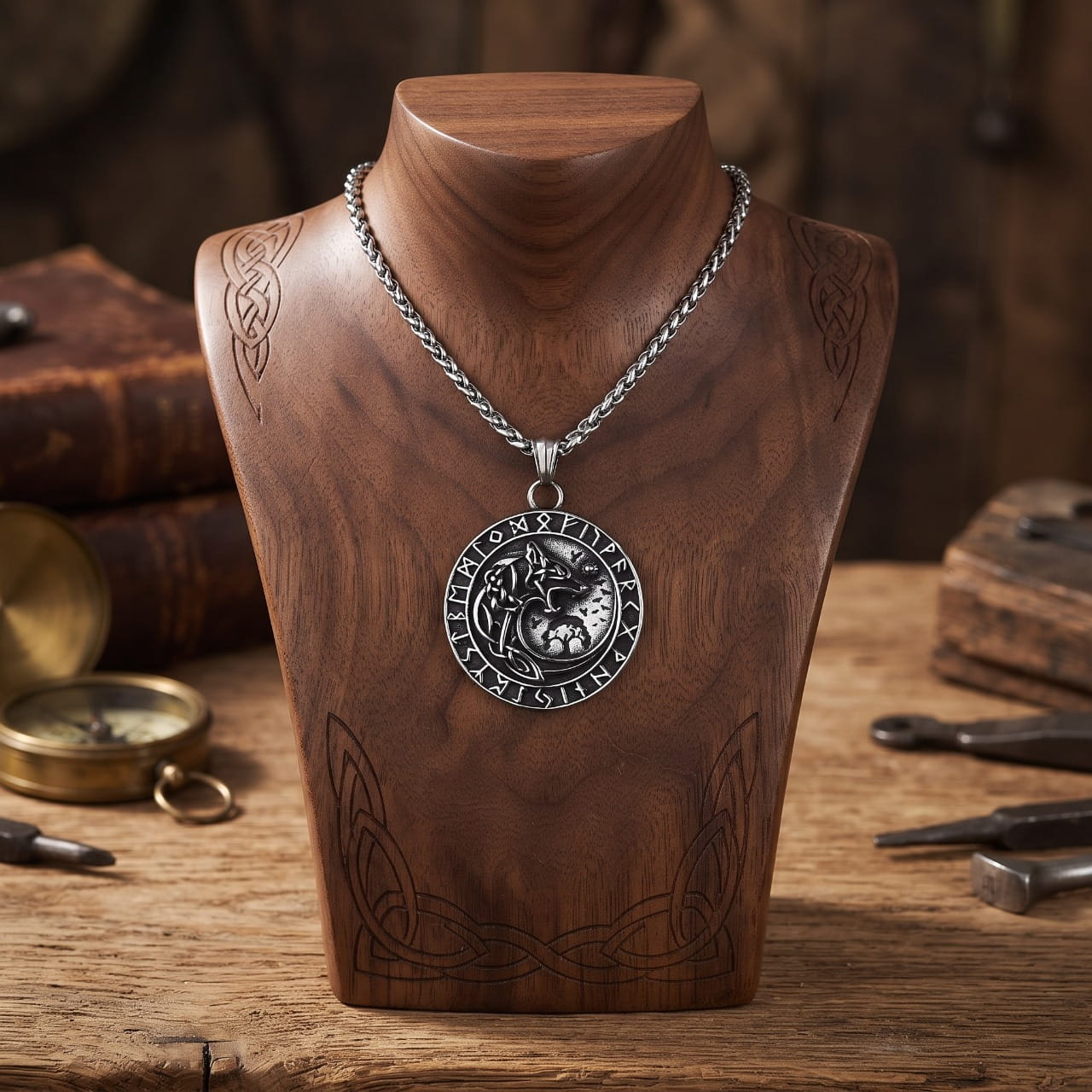 Collier médaillon en acier au loup hurlant devant la lune, cerclé de runes, sur chaîne tressée, présenté sur un buste en bois