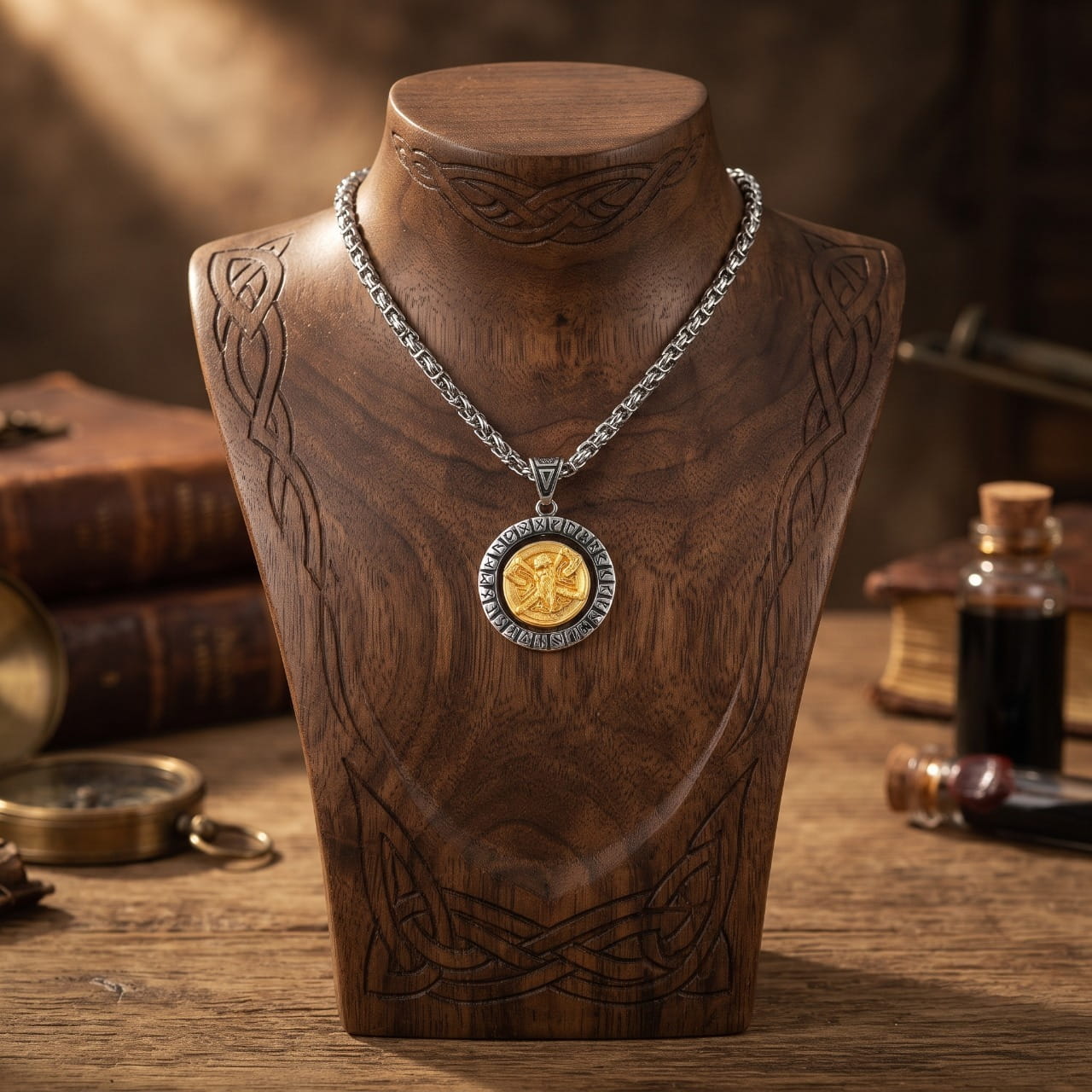 Collier médaillon viking à anneau rotatif gravé de runes autour d'un Valknut doré, sur buste en bois sculpté