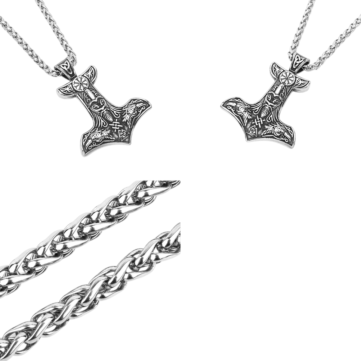 Pendentif marteau de Thor en acier, têtes de corbeaux et Valknut ciselés, vu de face et de trois quarts, sur fond blanc