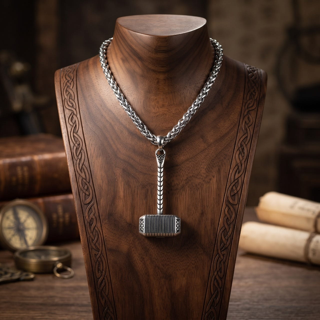 Collier pendentif Mjölnir en acier sur chaîne maille tressée, présenté sur un buste en bois sculpté d'entrelacs, boussole et livres anciens en fond
