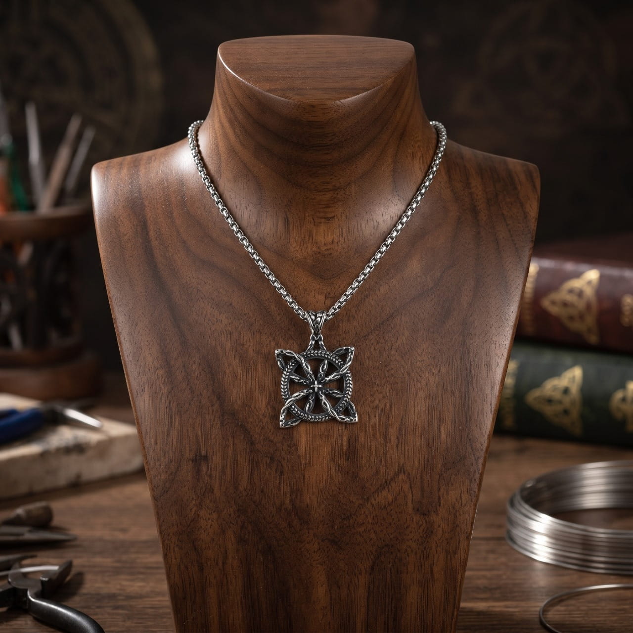 Collier pendentif carré en acier ajouré d'un nœud celtique, sur chaîne fine, présenté sur un buste en bois dans un atelier de bijoutier