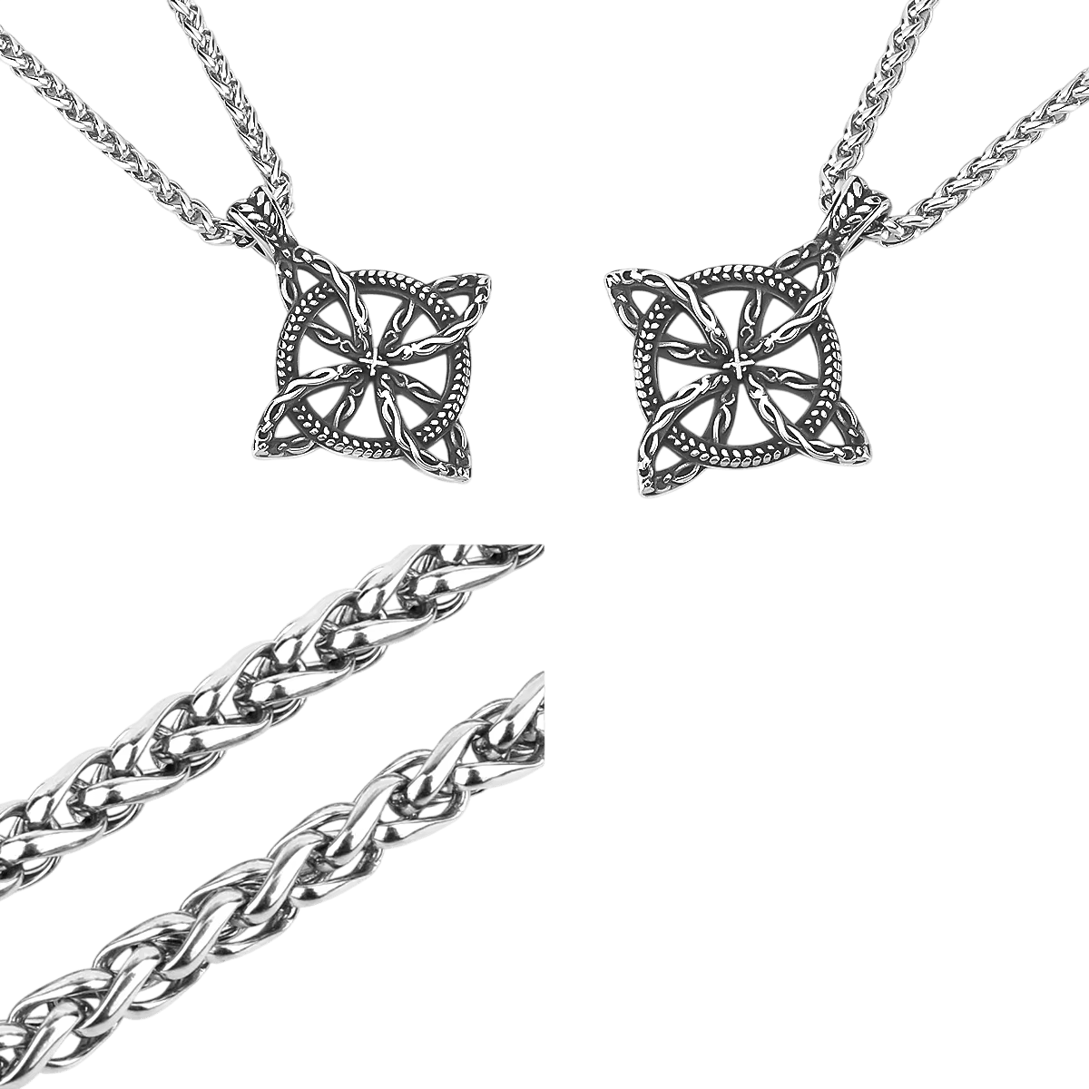 Pendentif carré en acier inoxydable ajouré d'un nœud celtique à quatre boucles, vu de face et de dos, avec le détail de sa chaîne, sur fond blanc