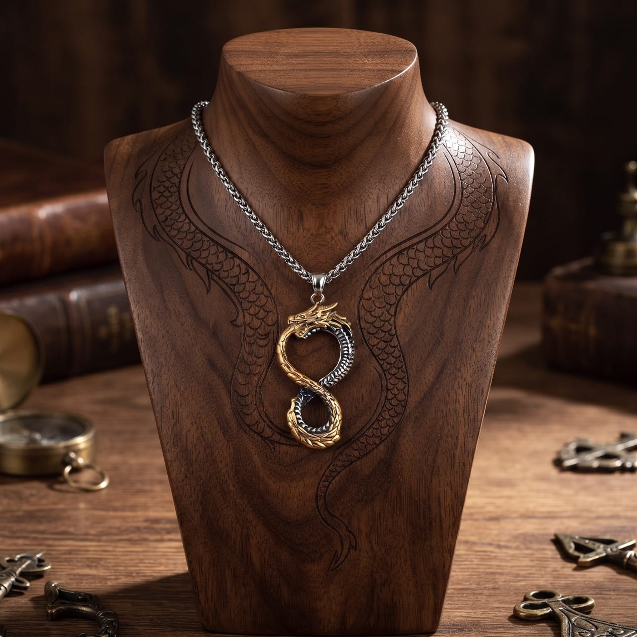 Collier pendentif ouroboros bicolore, deux serpents dorés et acier enroulés en huit, sur buste en bois sculpté d'écailles