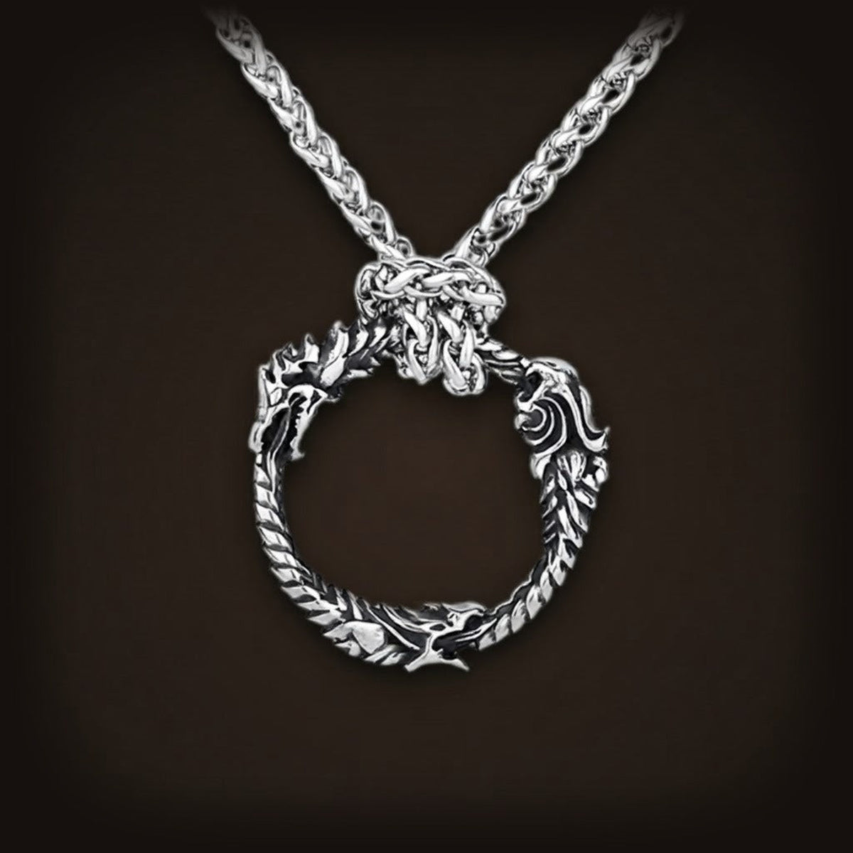 Pendentif ouroboros en acier inoxydable, anneau de dragons entrelacés, sur sa chaîne tressée