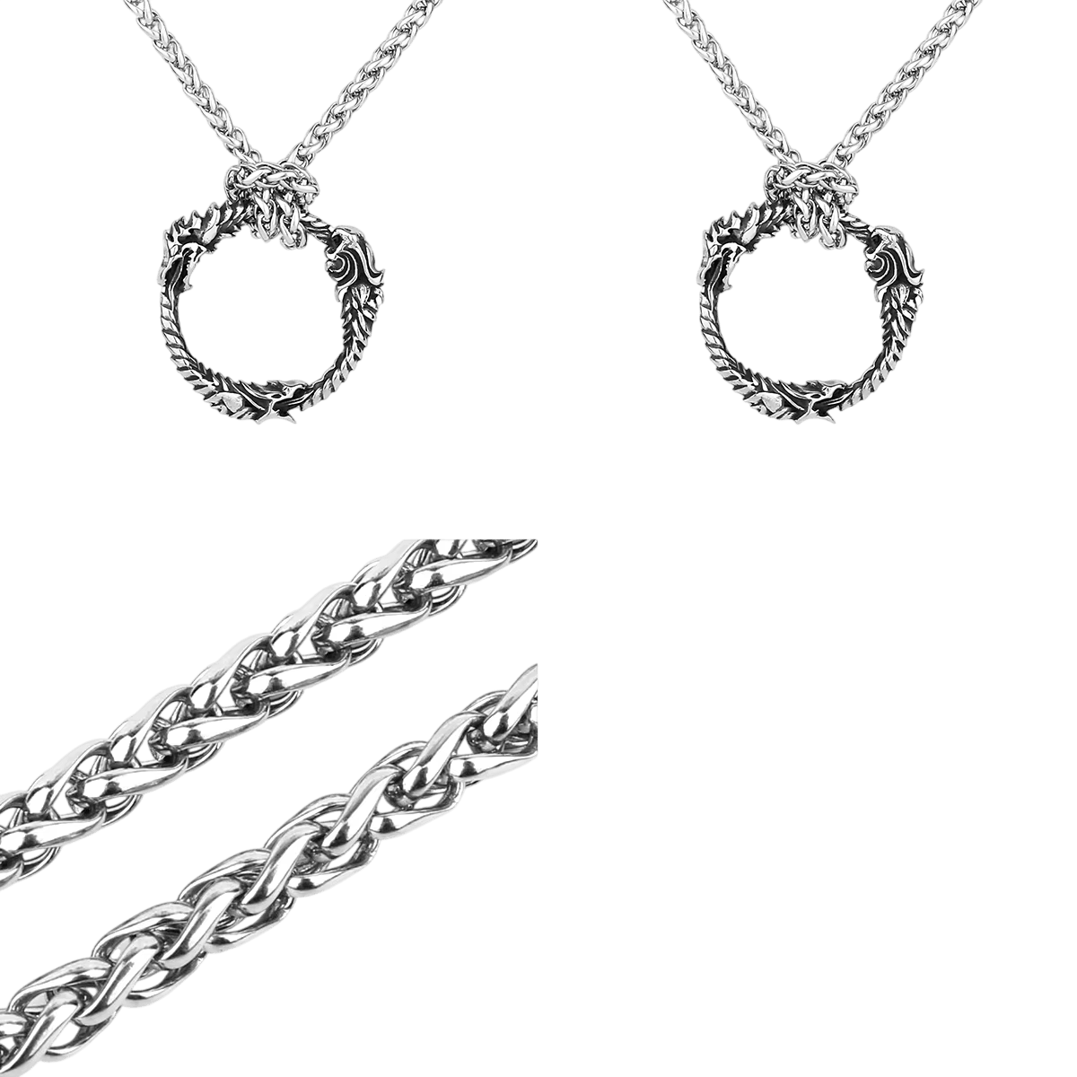 Pendentif ouroboros en acier inoxydable, anneau de dragons entrelacés, vu de face et de dos, sur fond blanc