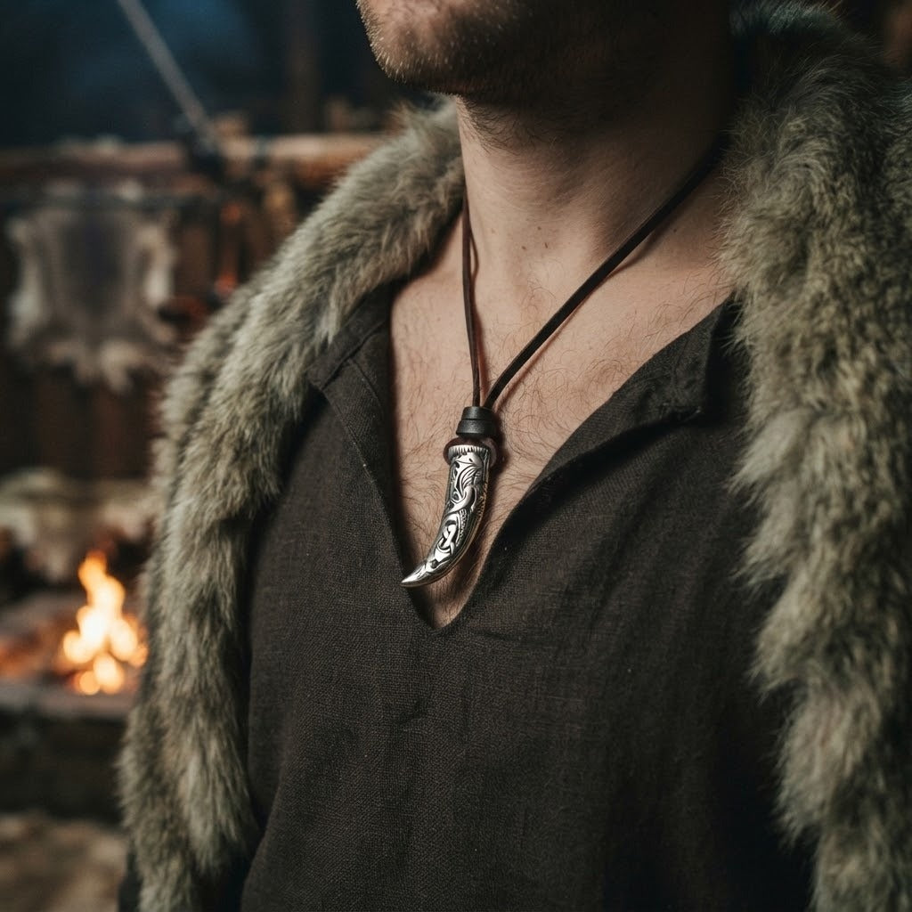 Collier viking pendentif dent de loup en acier gravé d'entrelacs nordiques sur cordon de cuir, porté sur le torse d'un homme en tunique de lin
