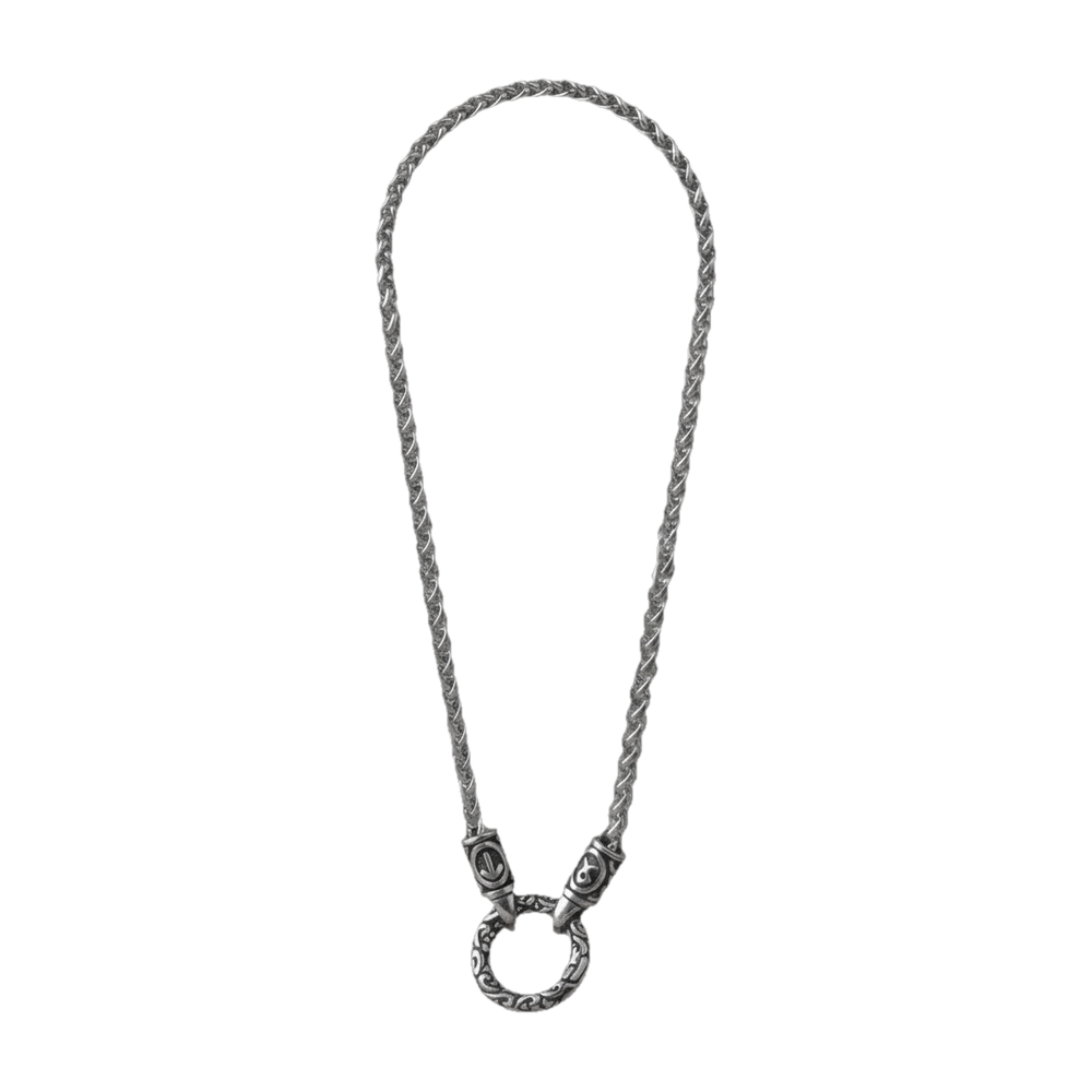 Viking rune bead necklace on a steel wheat chain, steel ring clasp chiselled with knotwork