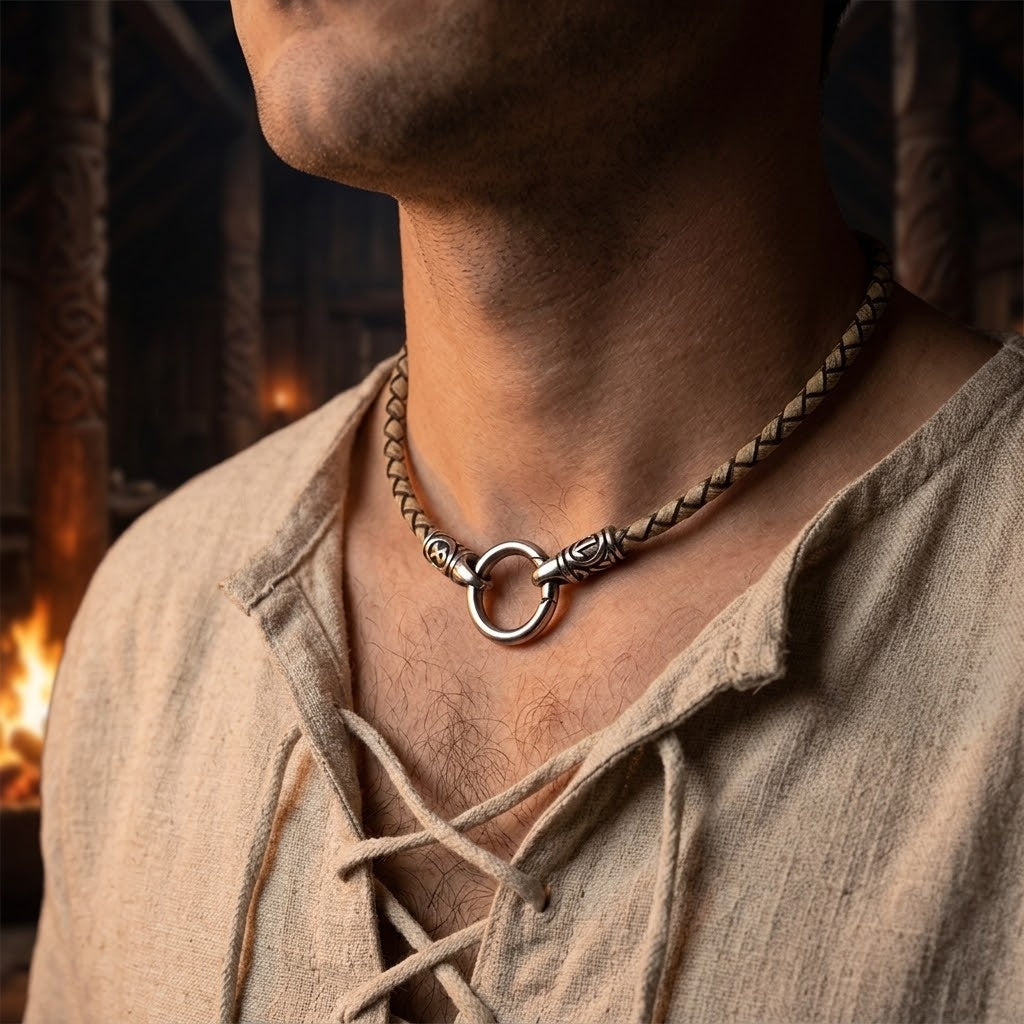 Viking rune bead necklace on a beige braided leather cord, steel ring clasp worn over a linen tunic, in a firelit longhouse