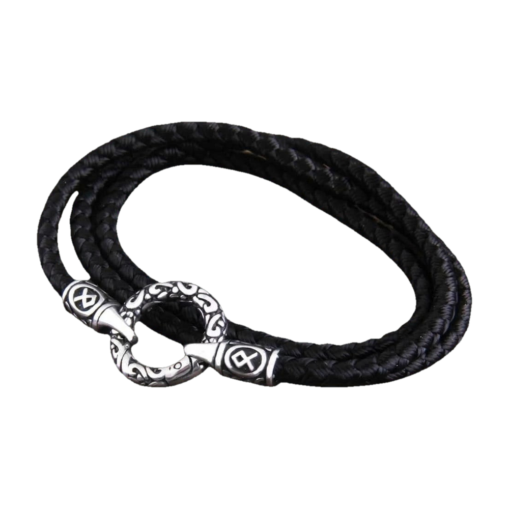 Viking rune bead necklace on a black braided cotton cord, steel ring clasp chiselled with knotwork