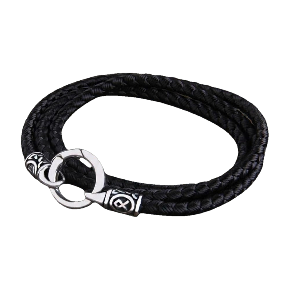 Viking rune bead necklace on a black braided cotton cord, steel plain ring clasp