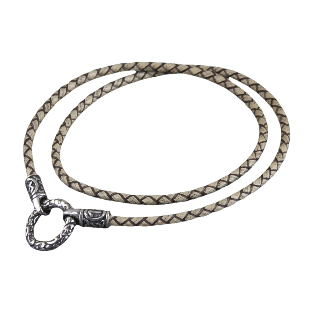 Viking rune bead necklace on a beige braided leather cord, steel ring clasp chiselled with knotwork