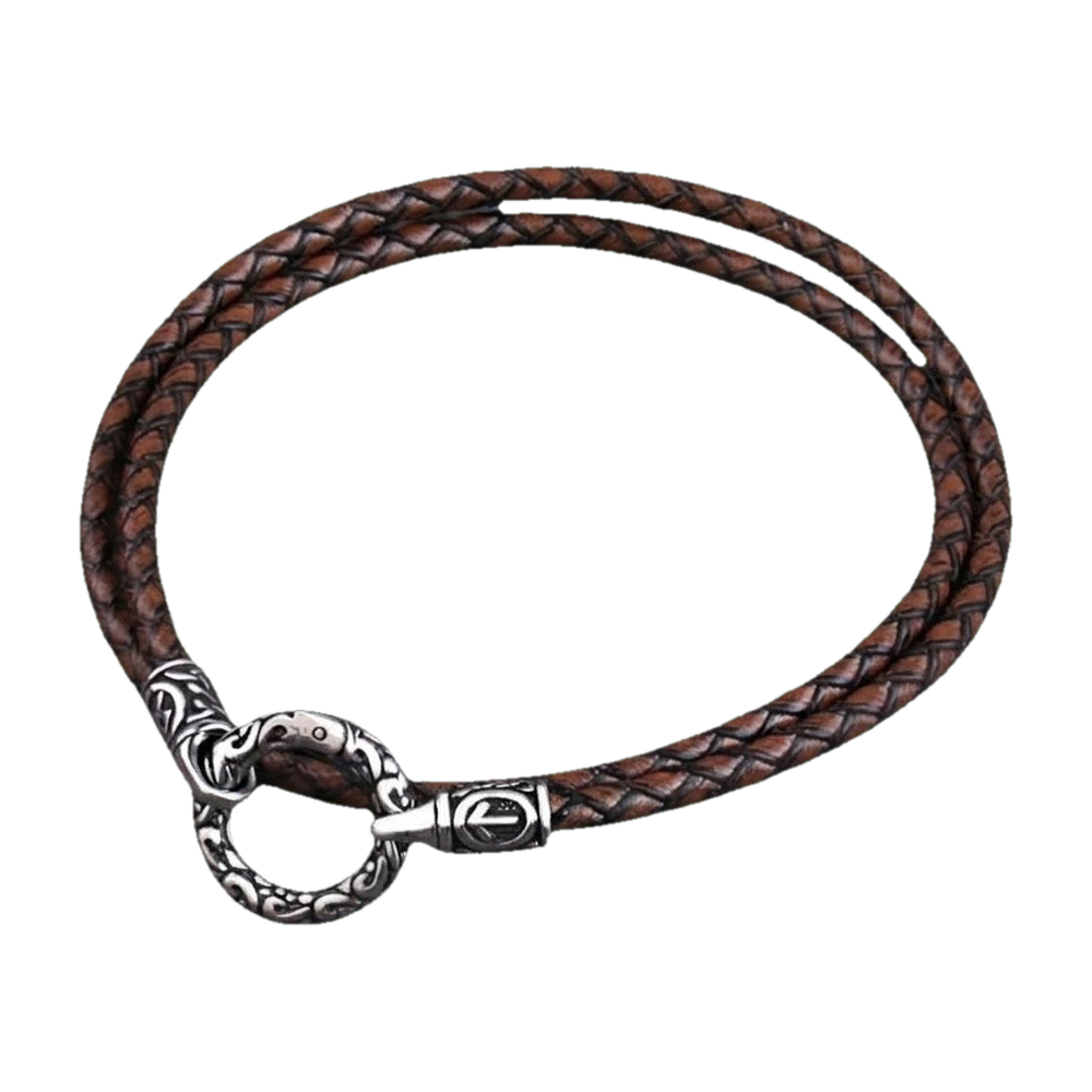 Viking rune bead necklace on a brown braided leather cord, steel ring clasp chiselled with knotwork