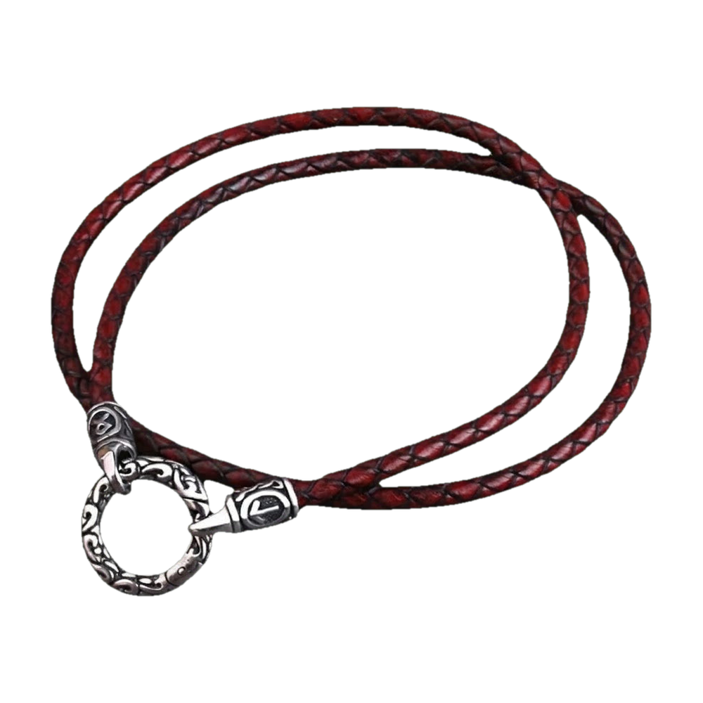 Viking rune bead necklace on a red braided leather cord, steel ring clasp chiselled with knotwork