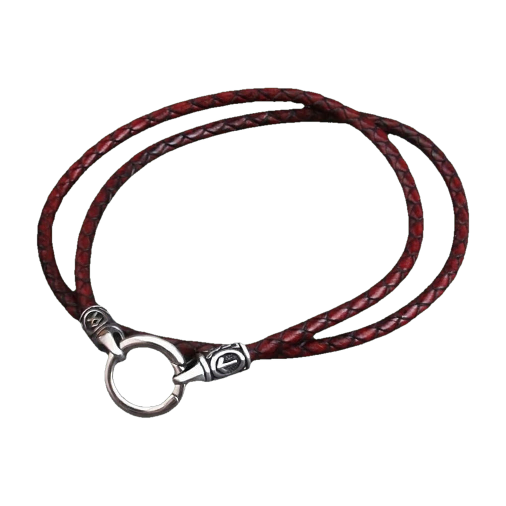 Viking rune bead necklace on a red braided leather cord, steel plain ring clasp