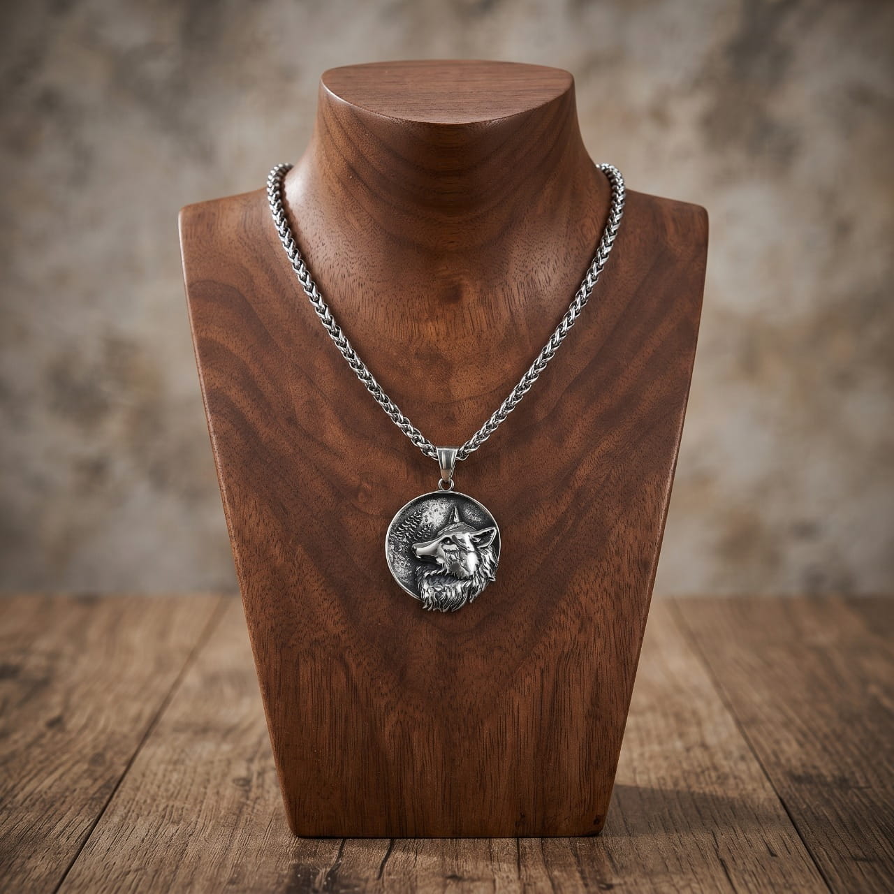 Collier médaillon en acier gravé d'une tête de loup, sur chaîne tressée, présenté sur un buste en bois