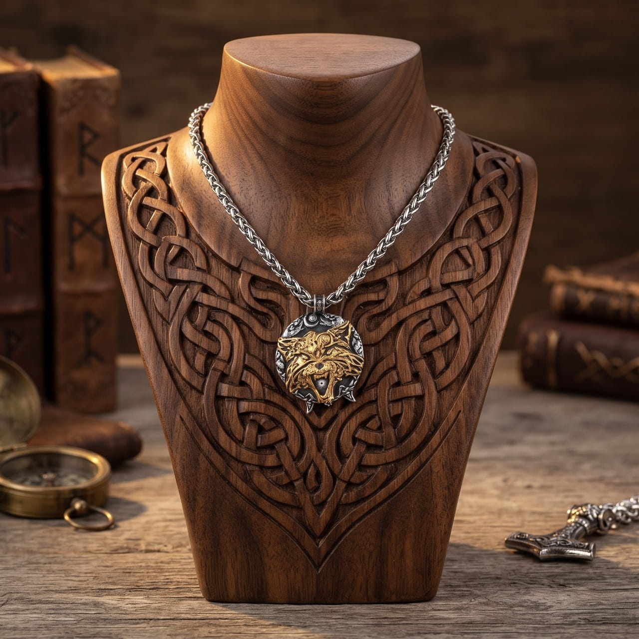 Collier médaillon viking à tête de loup en entrelacs dorés sur fond d'acier noirci, sur buste en bois sculpté