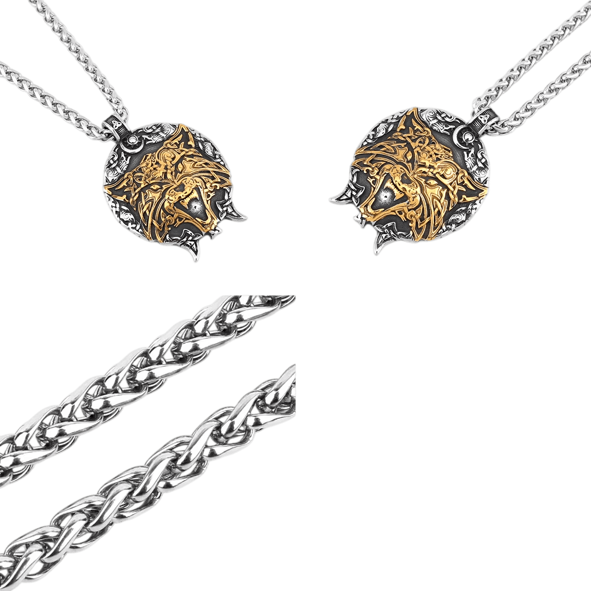 Médaillon en acier, tête de loup en entrelacs dorés, vu de face et de dos, avec sa chaîne tressée, sur fond blanc