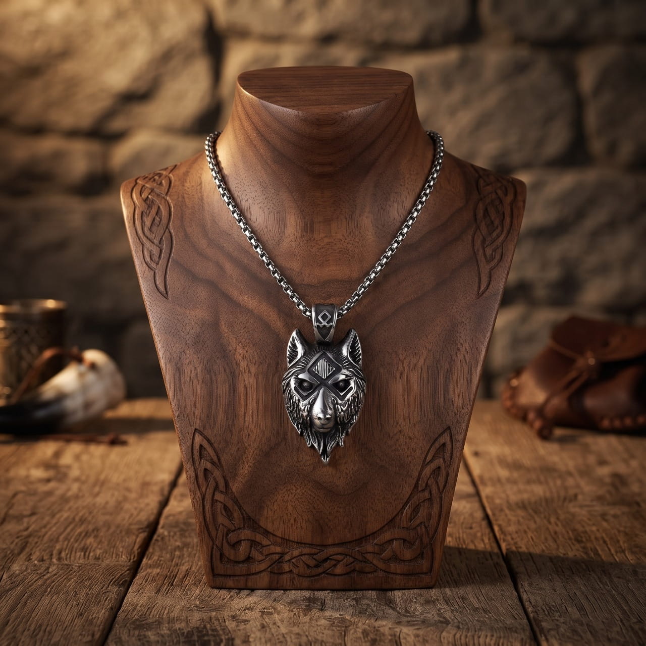 Collier pendentif tête de loup en acier aux entrelacs gravés, format compact, sur buste en bois
