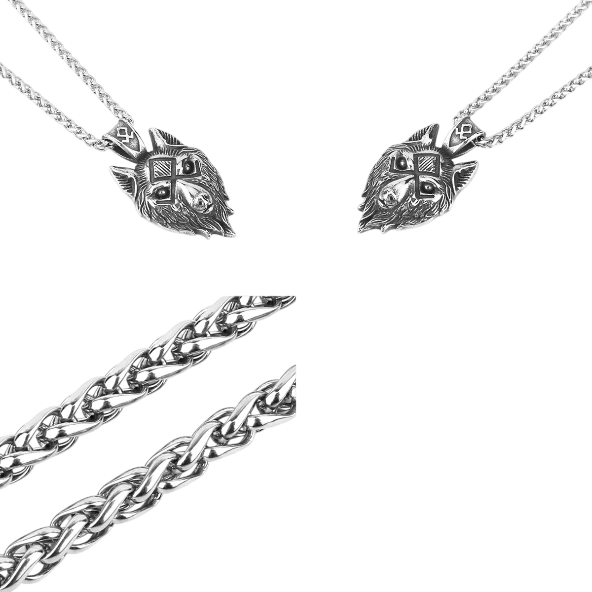 Petit pendentif tête de loup en acier inoxydable, oreilles dressées et entrelacs, sur fond blanc