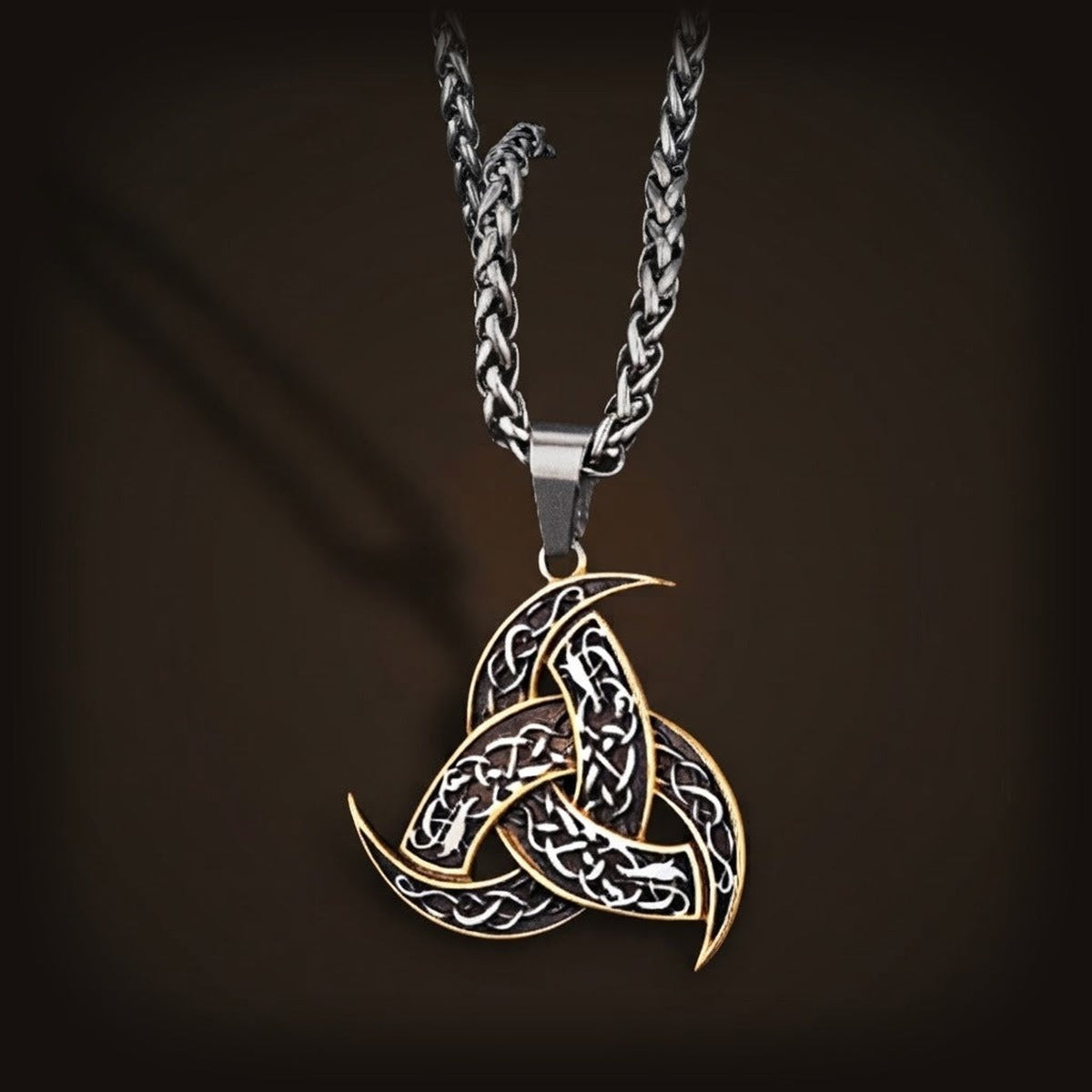 Collier viking pendentif triquetra nœud celtique en acier doré et noir avec chaine tressee