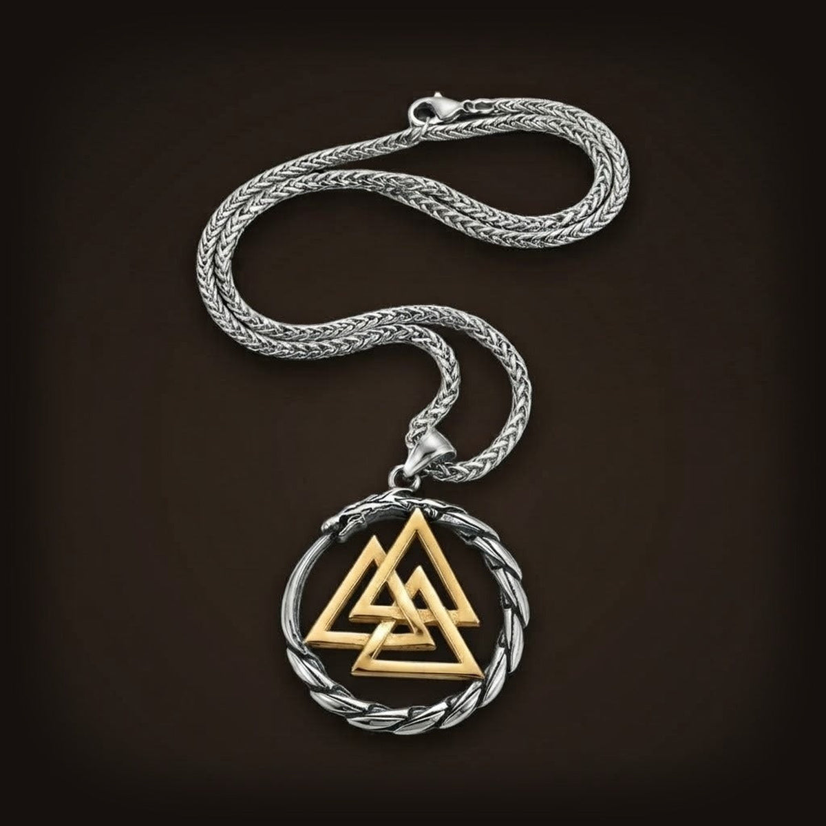 Collier viking pendentif valknut doré dans cercle dragon ouroboros en acier inoxydable.