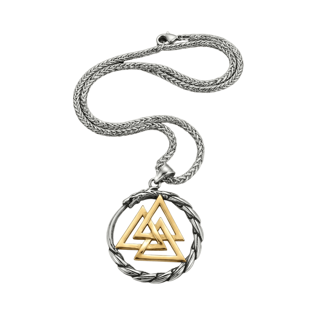 Collier viking pendentif valknut dore dans cercle dragon ouroboros en acier inoxydable.