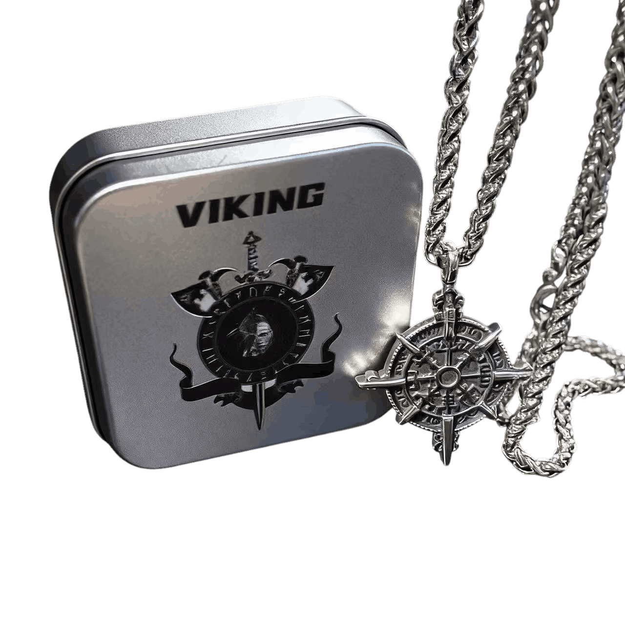 Collier Viking Vegvísir : Acier 316L et Boîte Métal, vue de détail du pendentif et de la chaîne